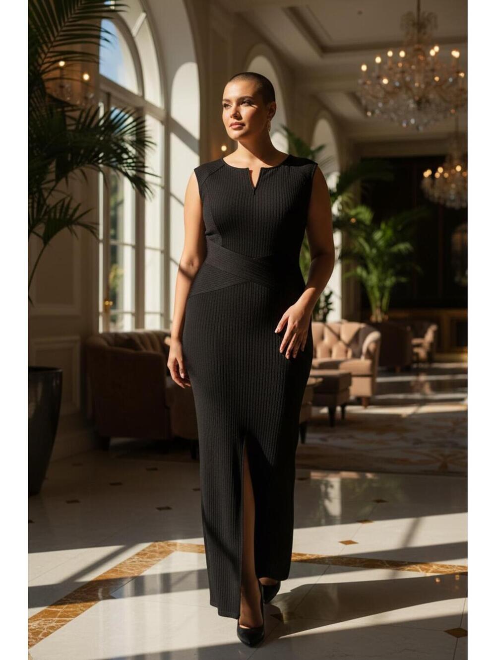 Vfshow Vfemage Black Textured Sleeveless Maxi Dress XL